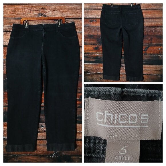 Chico's Jeans Size 3 US 16 Sparkle Cuffed Ankle Black Denim Stretch - Picture 1 of 10